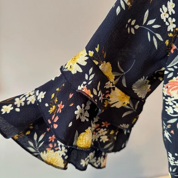 Big Girls Tween Navy Floral Printed Tier Ruffle Sleeves Romper - Picture 3 of 4